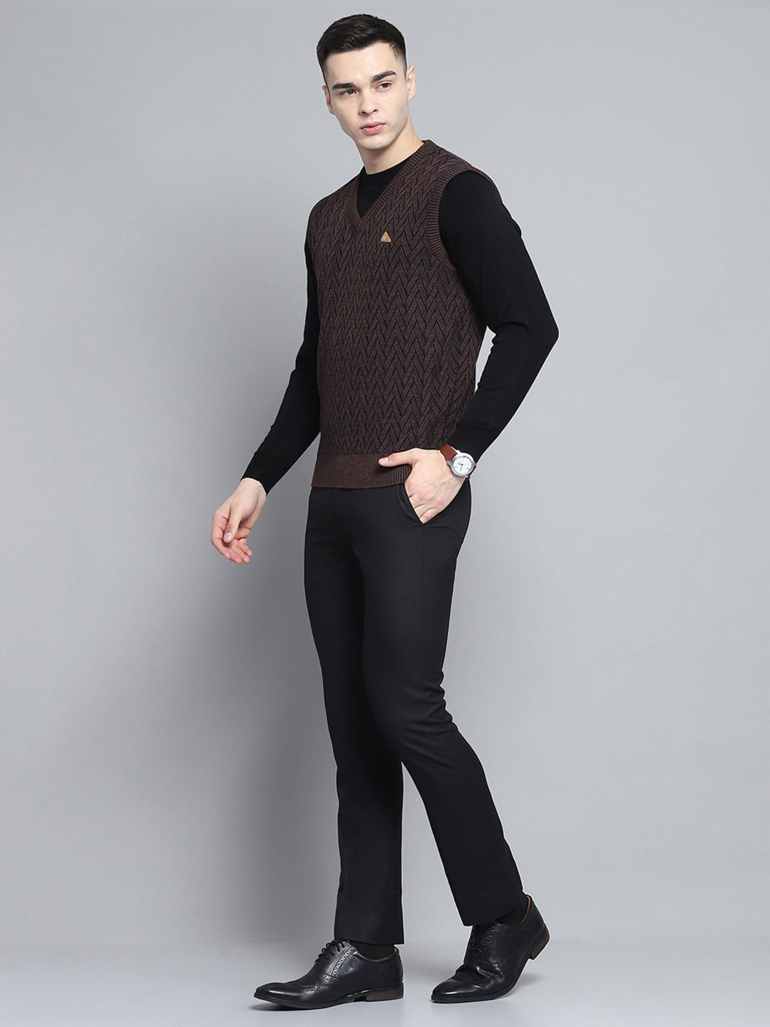 Men Brown Self Design V Neck Sleeveless Sweater