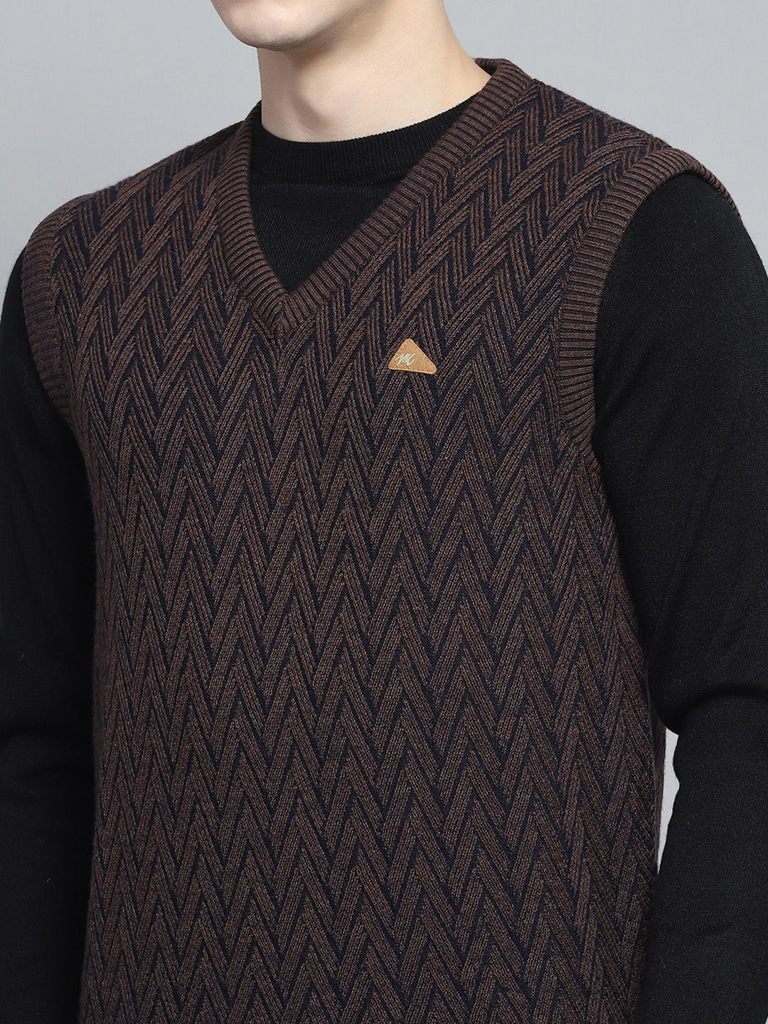 Men Brown Self Design V Neck Sleeveless Sweater
