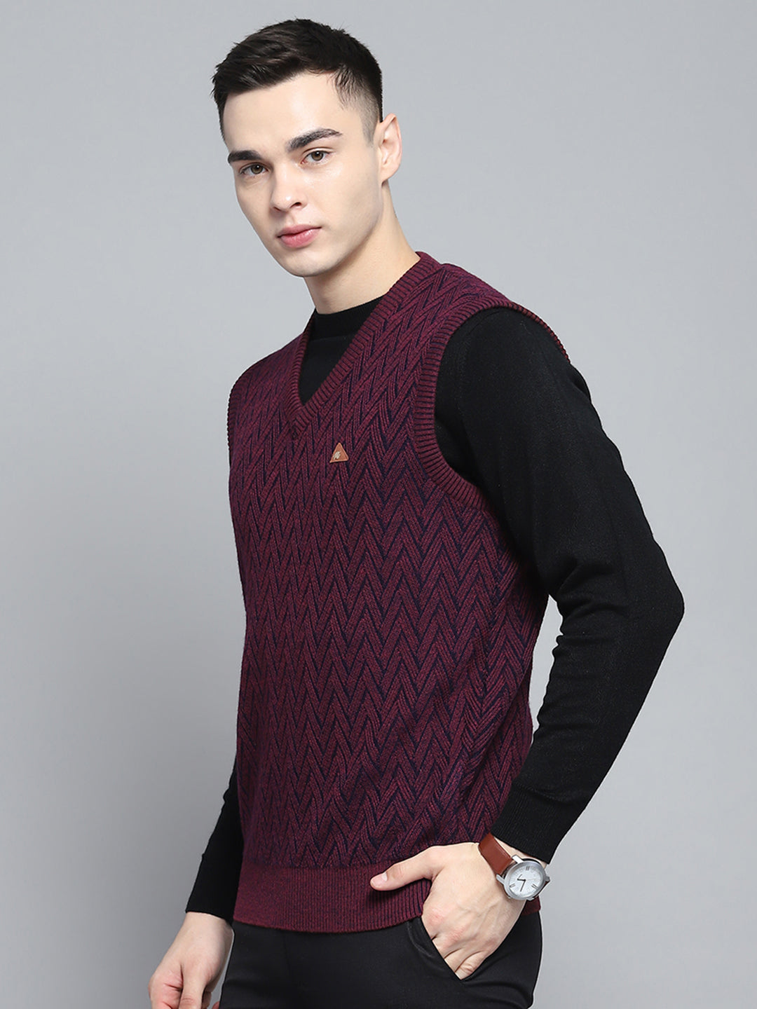 Men Maroon Self Design V Neck Sleeveless Sweater