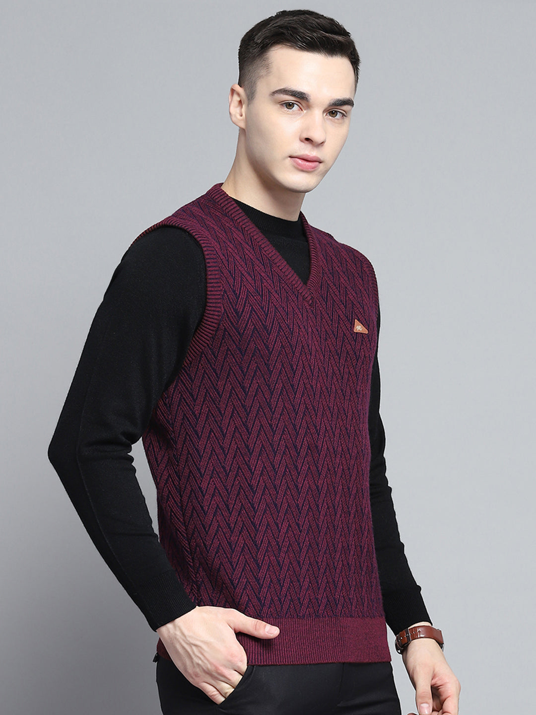 Men Maroon Self Design V Neck Sleeveless Sweater