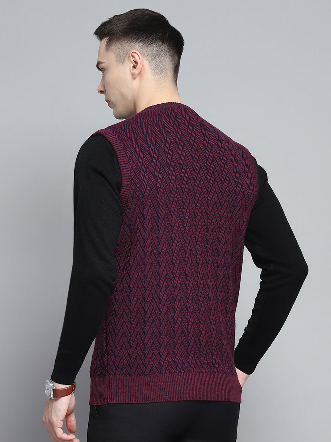 Men Maroon Self Design V Neck Sleeveless Sweater
