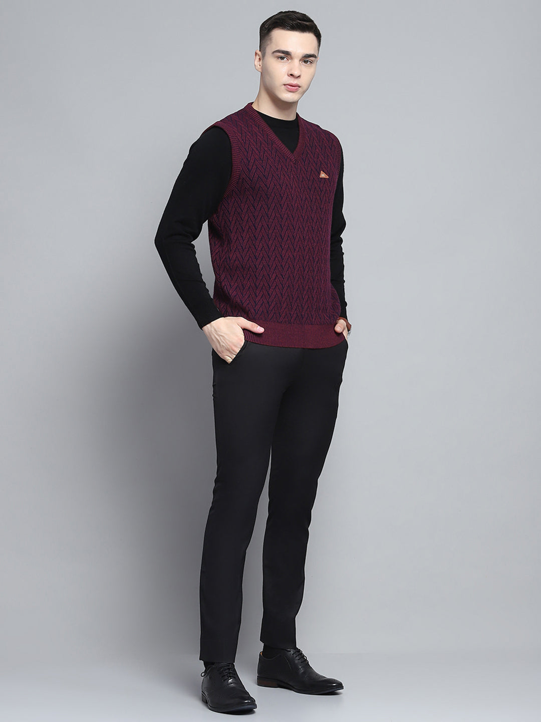 Men Maroon Self Design V Neck Sleeveless Sweater