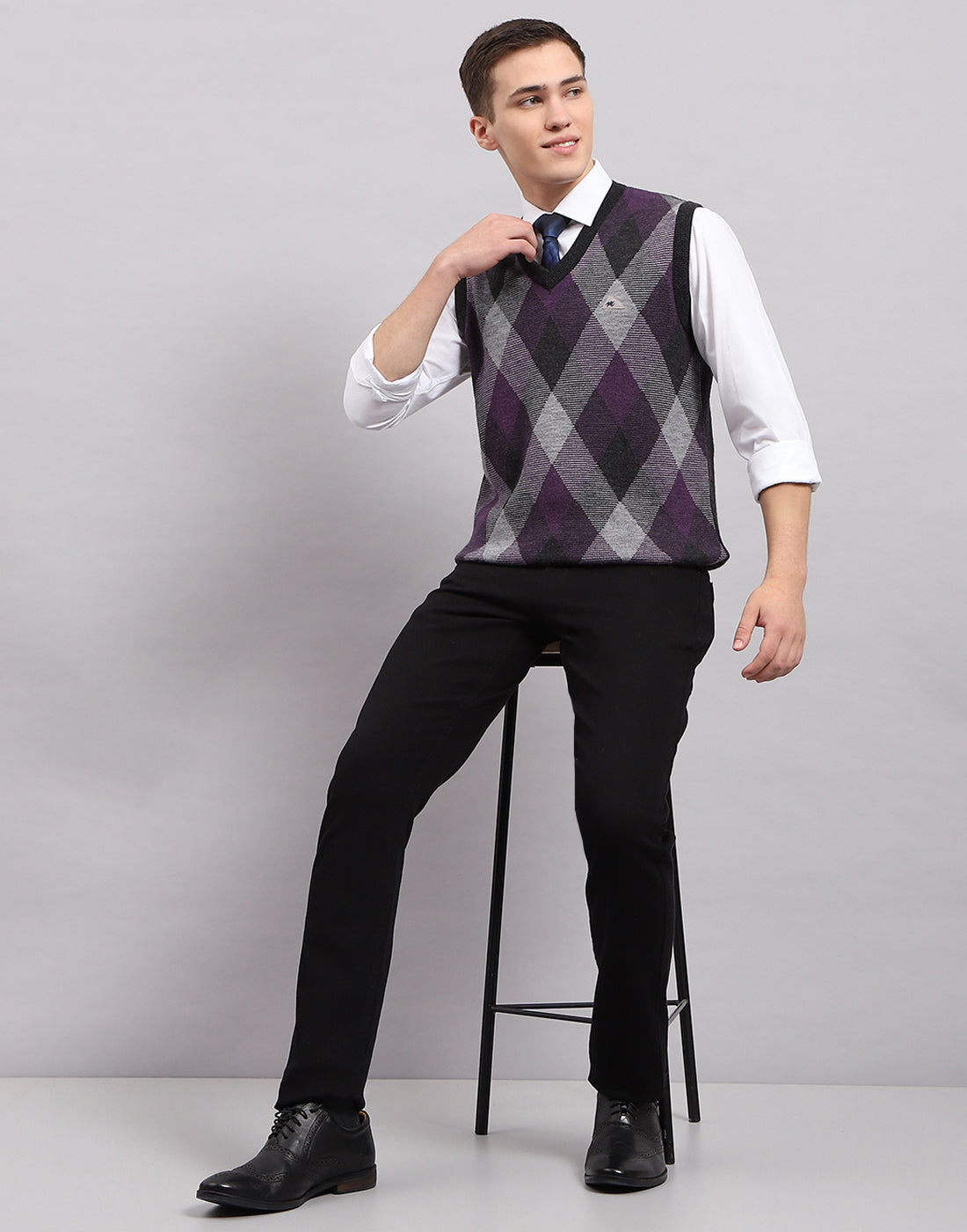 Men Grey Stripe V Neck Sleeveless Sweater - Main Image