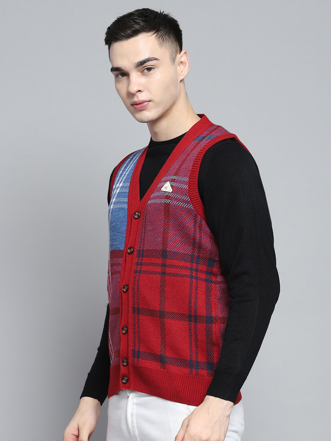 Men Red Self Design V Neck Sleeveless Cardigan