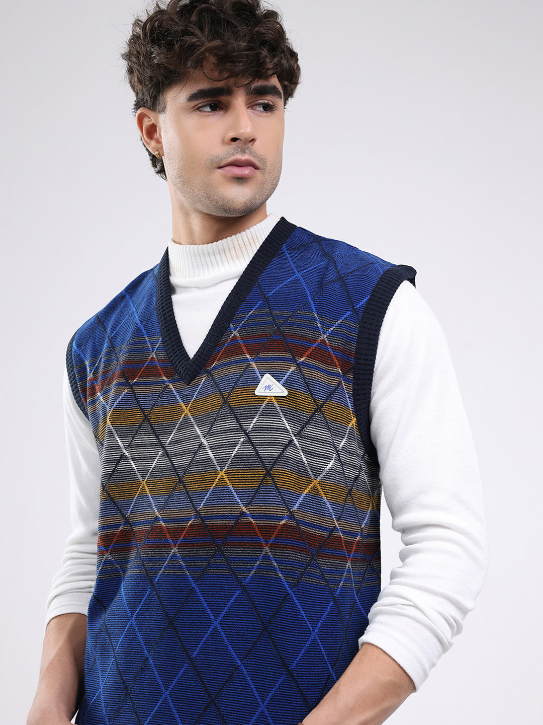 Men Blue Abstract V Neck Sleeveless Sweater
