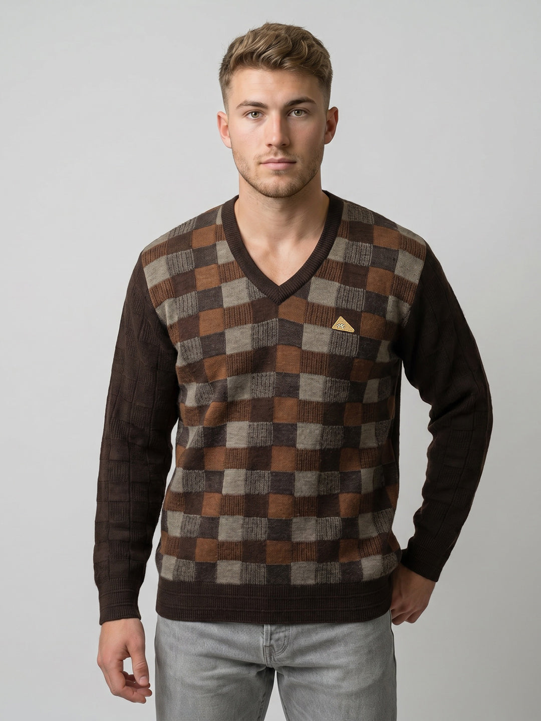 Men Brown Check V Neck Full Sleeve Pullover