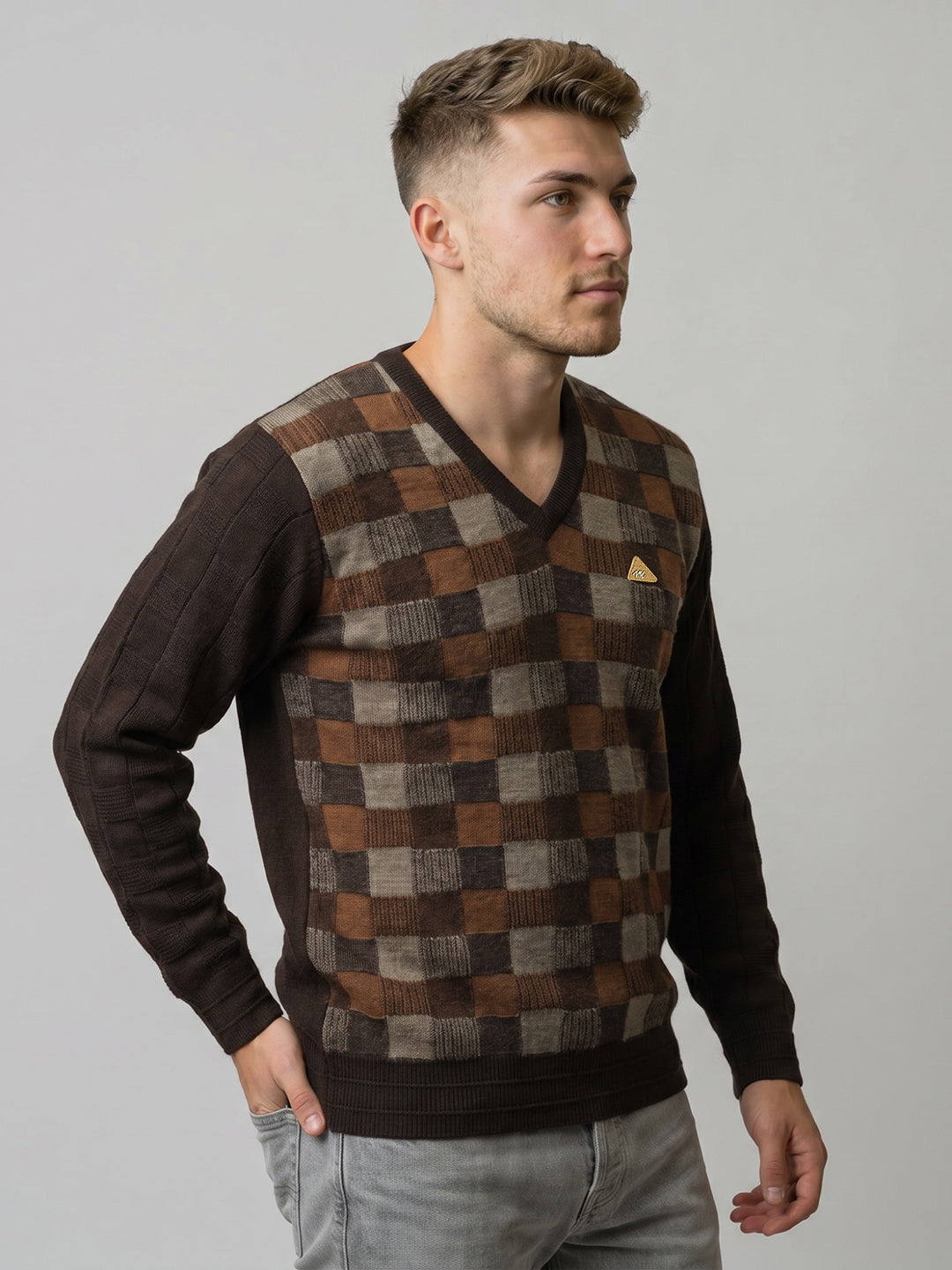 Men Brown Check V Neck Full Sleeve Pullover