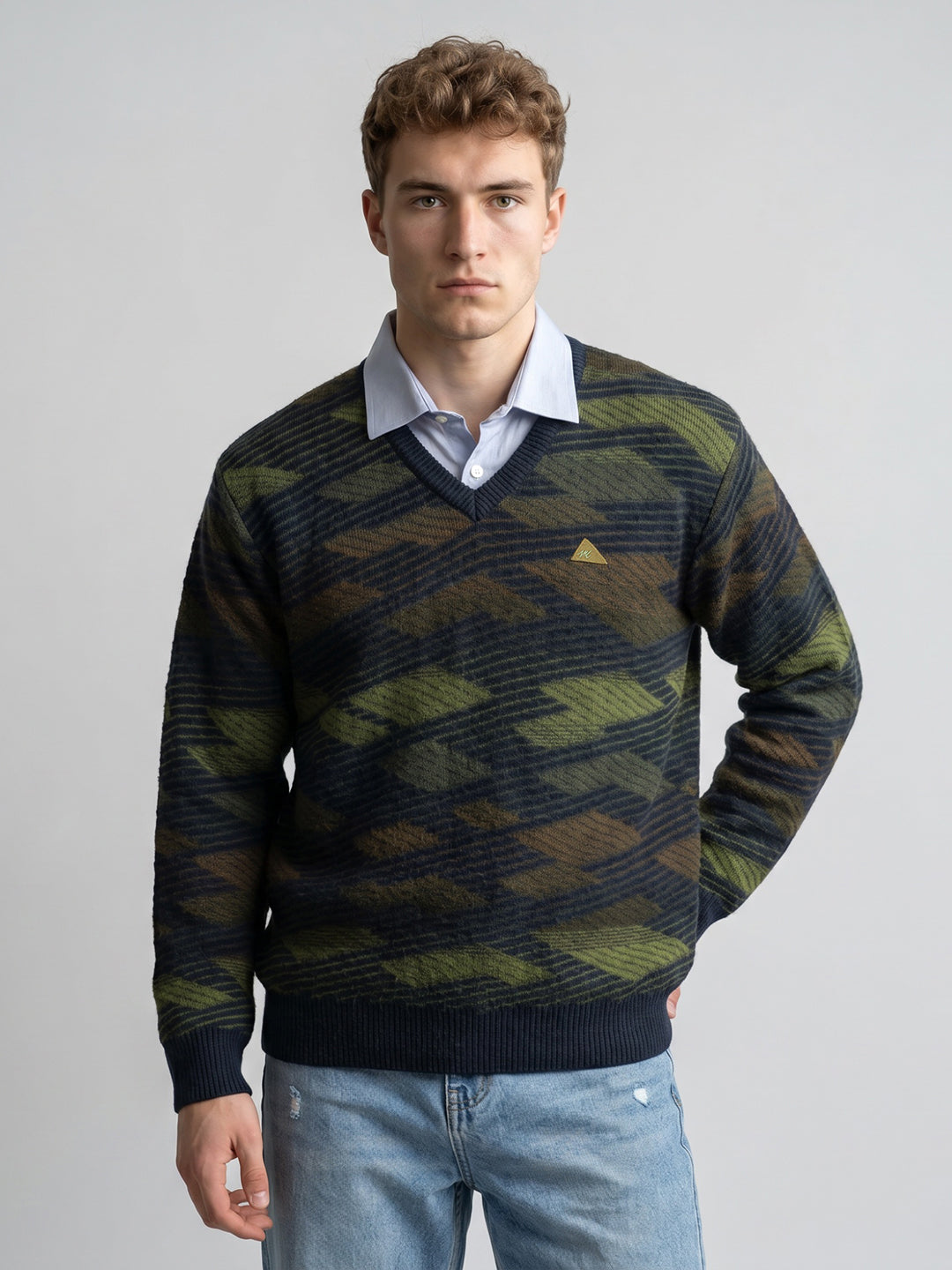 Men Blue Jacquard V Neck Full Sleeve Pullover