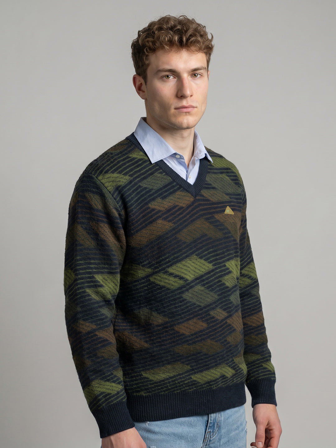 Men Blue Jacquard V Neck Full Sleeve Pullover