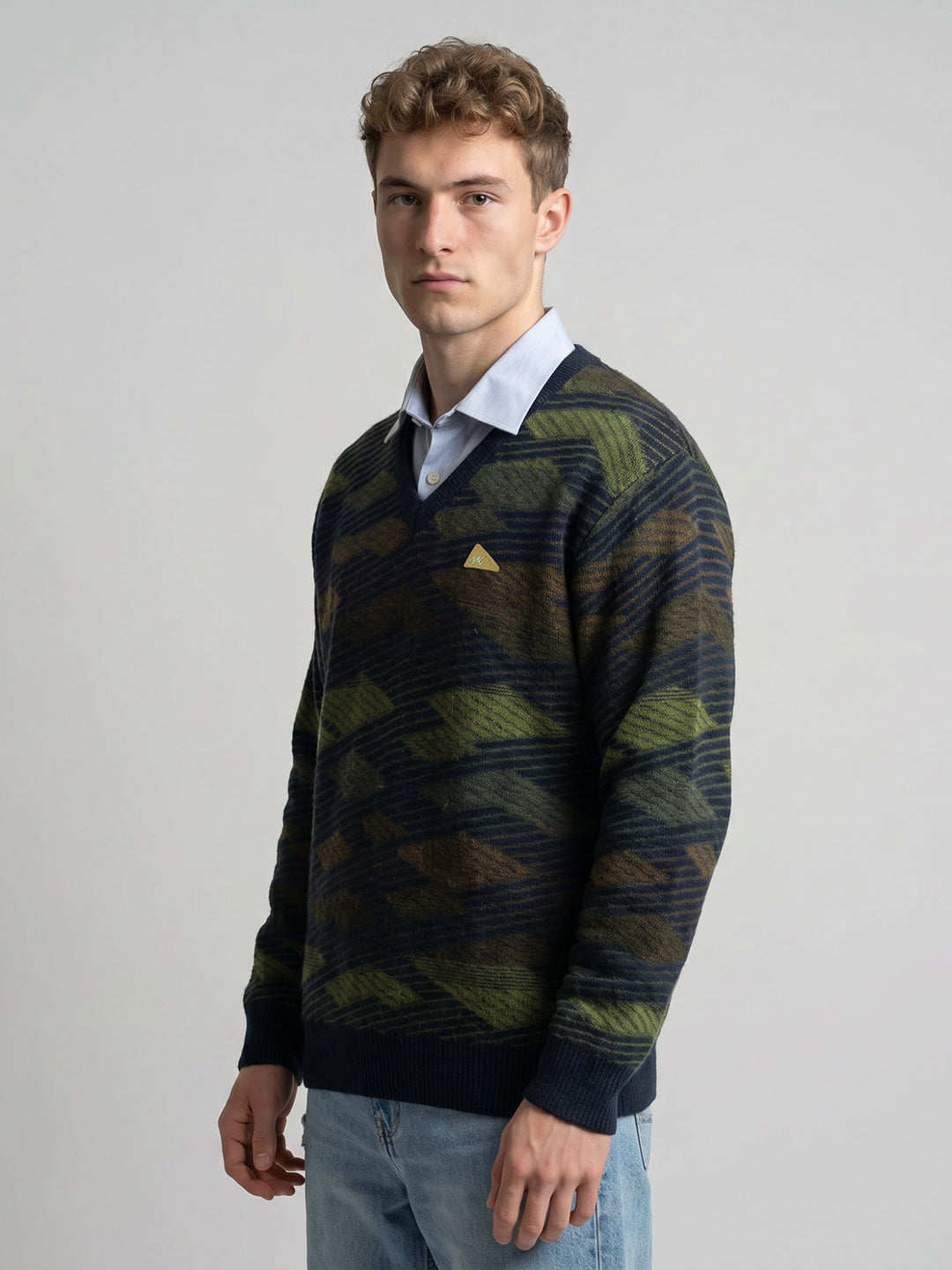Men Blue Jacquard V Neck Full Sleeve Pullover