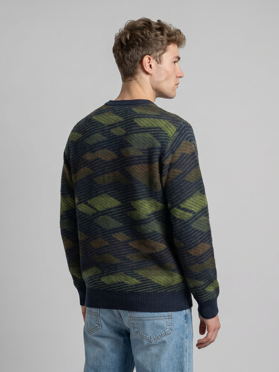 Men Blue Jacquard V Neck Full Sleeve Pullover