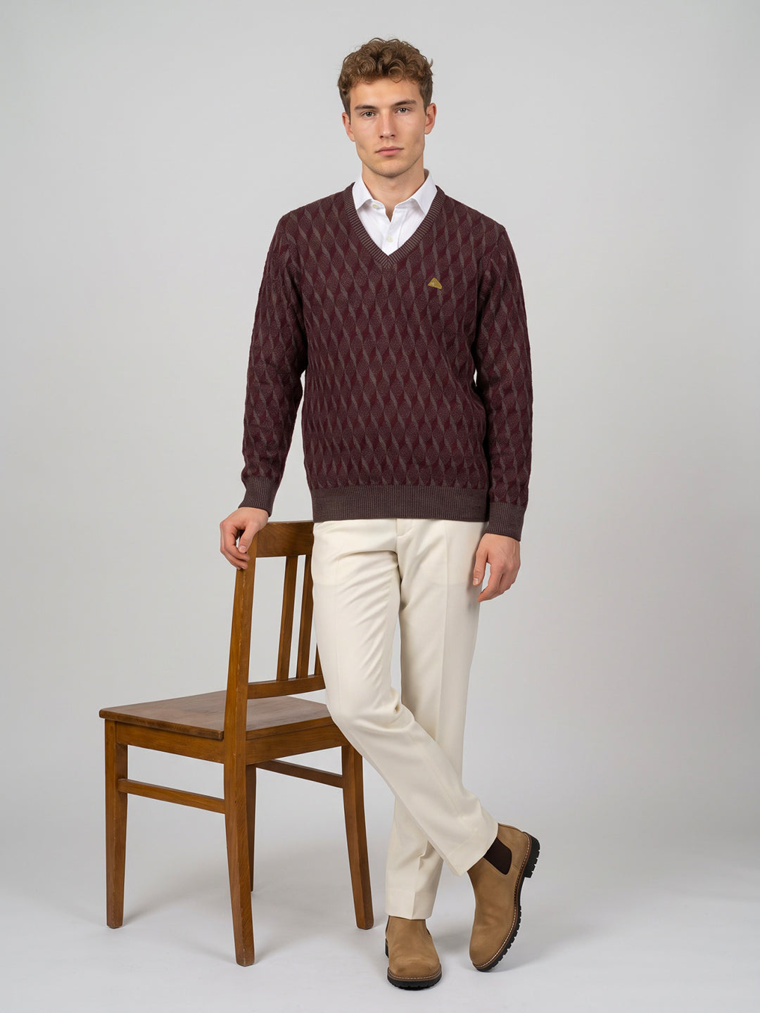 Men Maroon Self Design V Neck Full Sleeve Pullover
