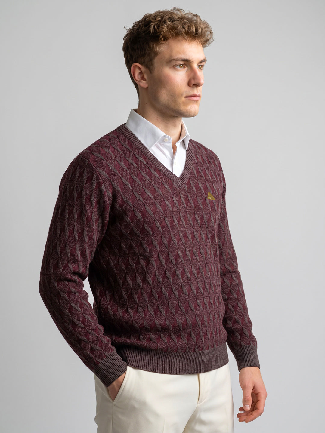 Men Maroon Self Design V Neck Full Sleeve Pullover