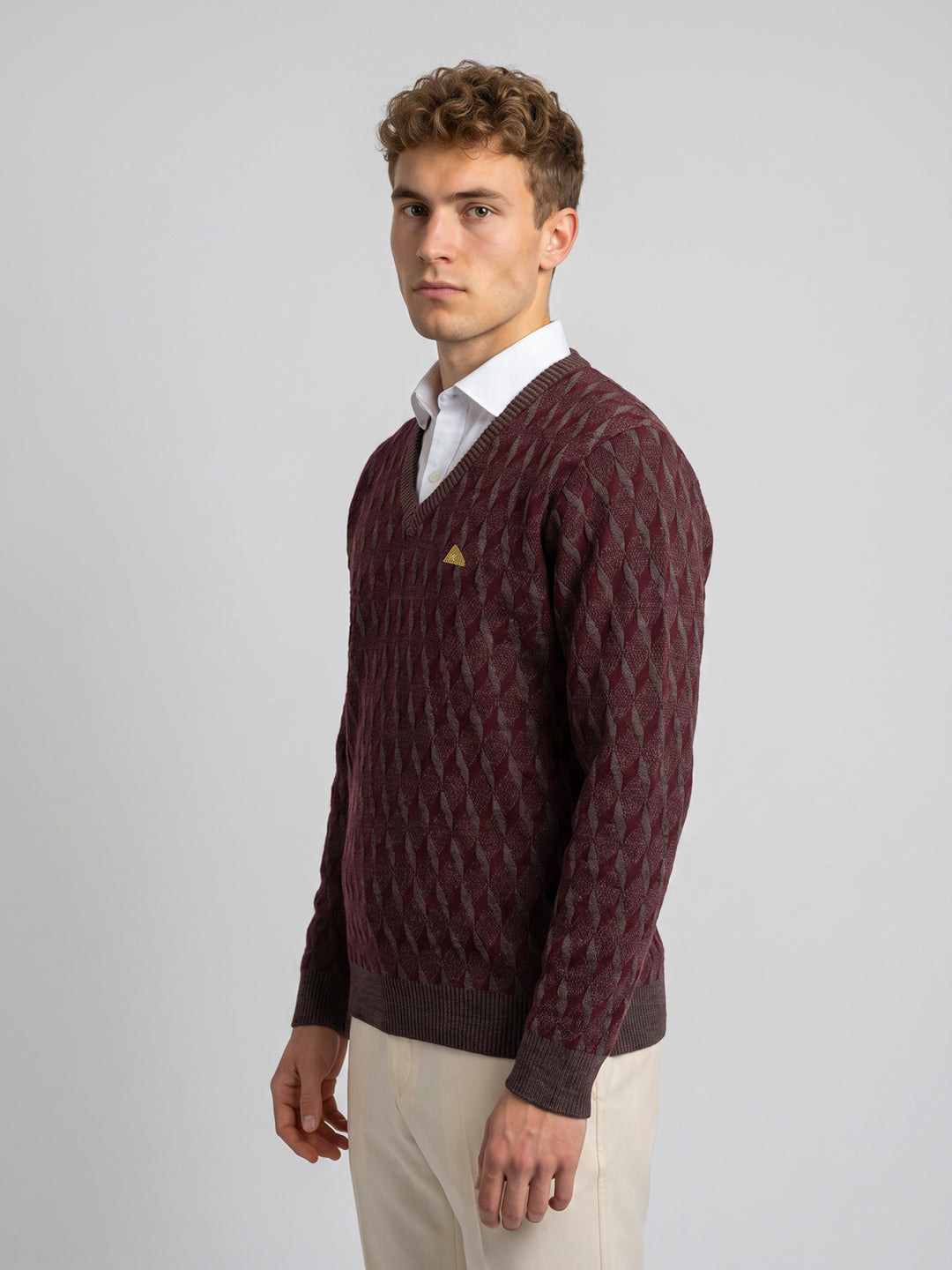 Men Maroon Self Design V Neck Full Sleeve Pullover
