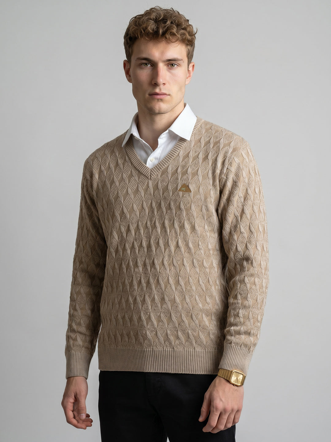 Men Camel Brown Self Design V Neck Full Sleeve Pullover
