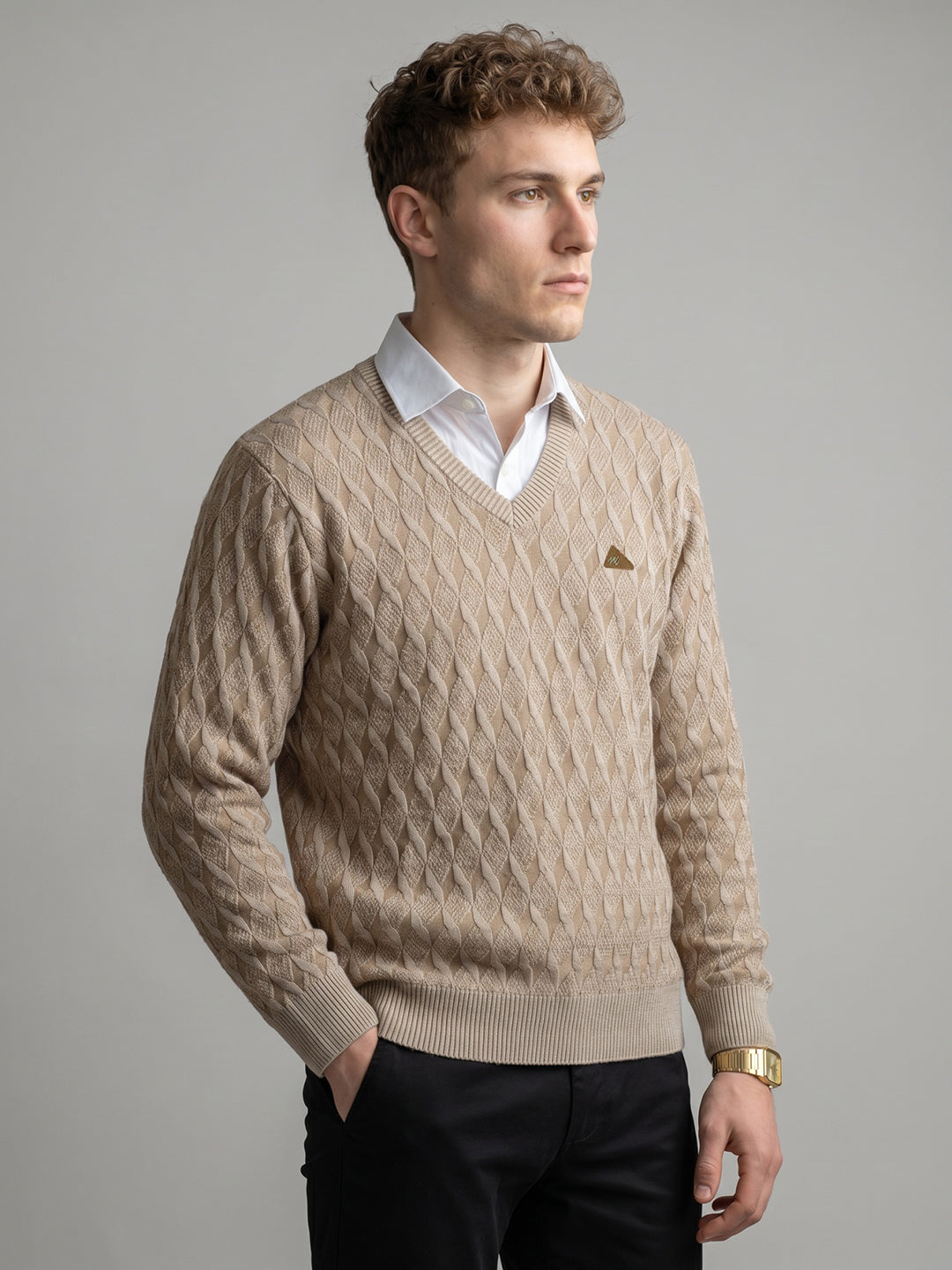 Men Camel Brown Self Design V Neck Full Sleeve Pullover