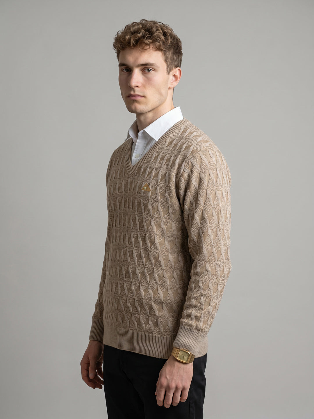 Men Camel Brown Self Design V Neck Full Sleeve Pullover
