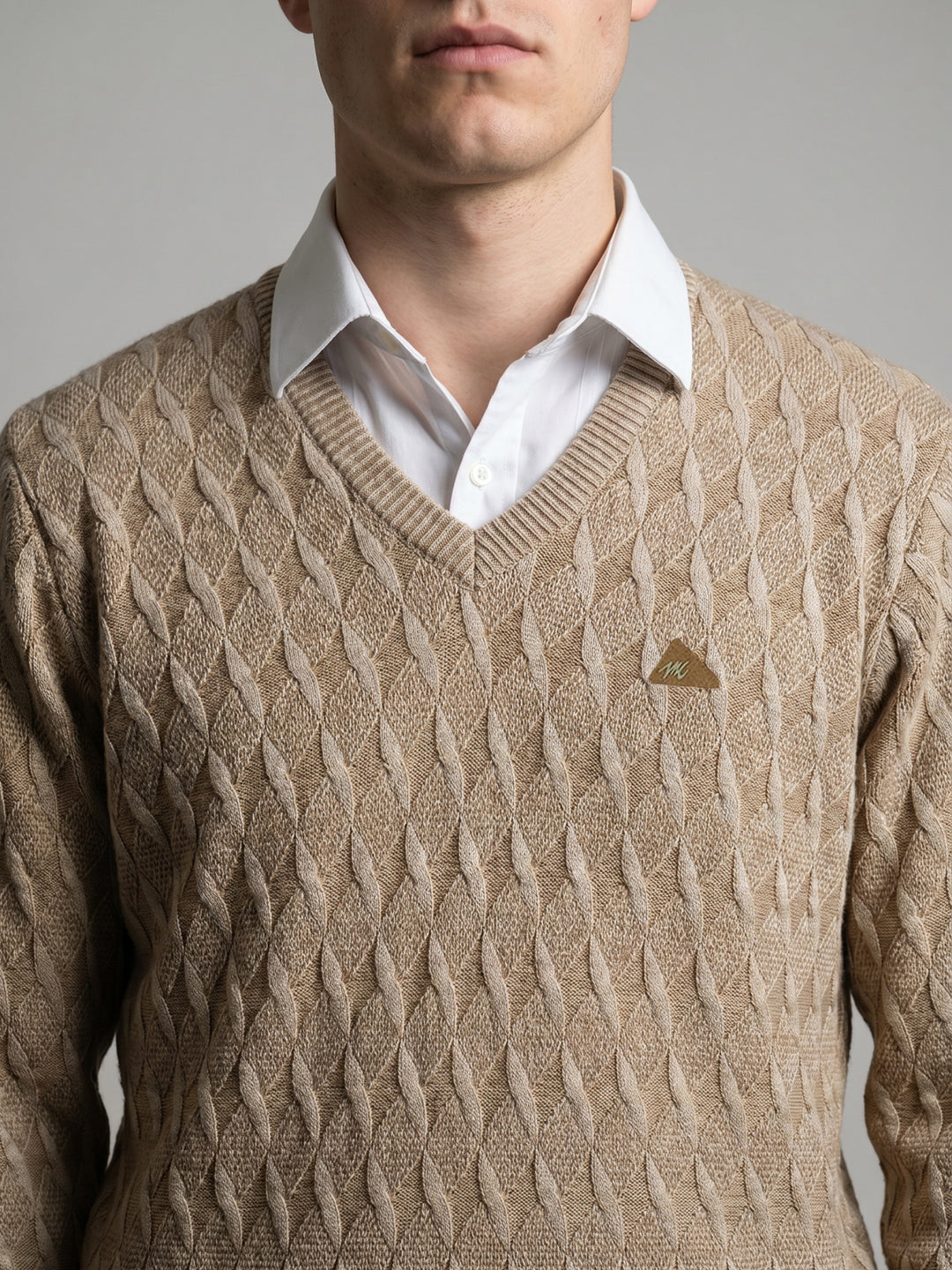 Men Camel Brown Self Design V Neck Full Sleeve Pullover