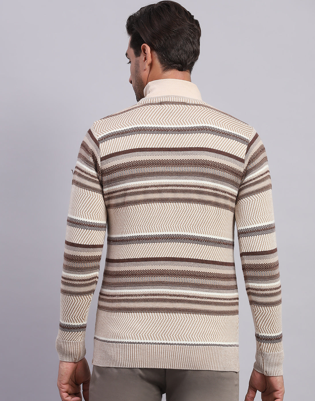 Men Beige Self Design V Neck Full Sleeve Pullover