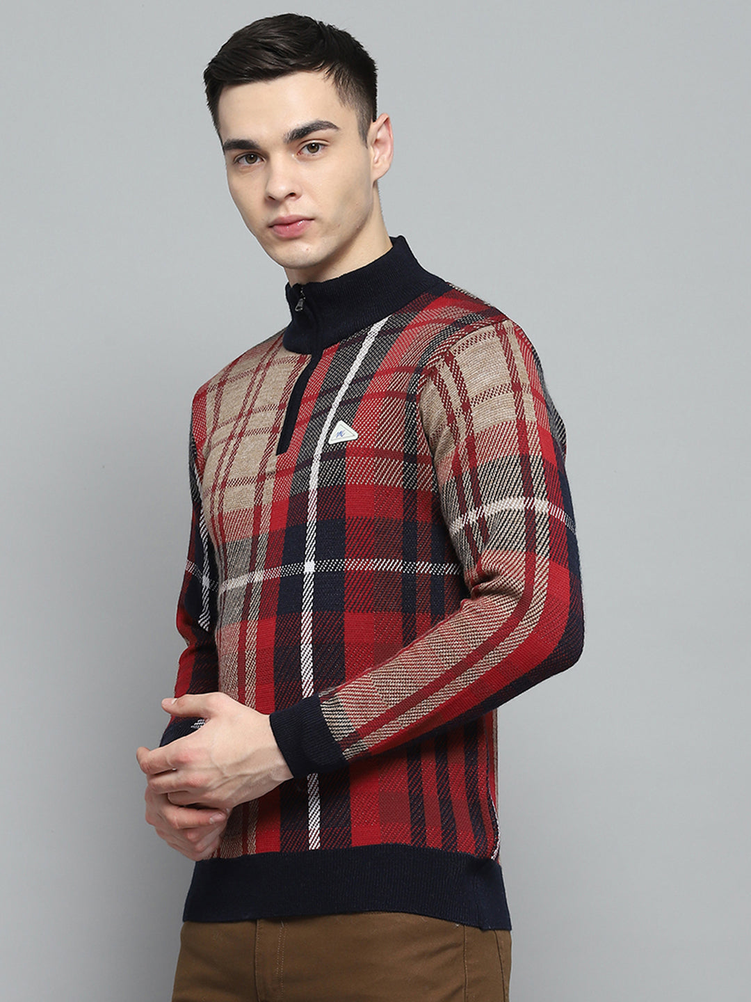 Men Navy Blue Printed High Neck Full Sleeve Pullover