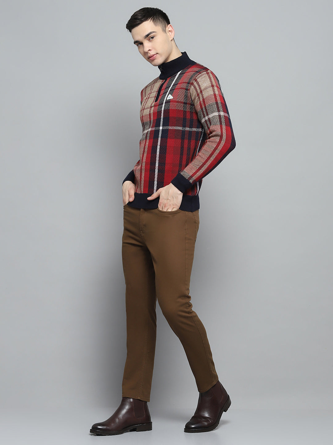 Men Navy Blue Printed High Neck Full Sleeve Pullover