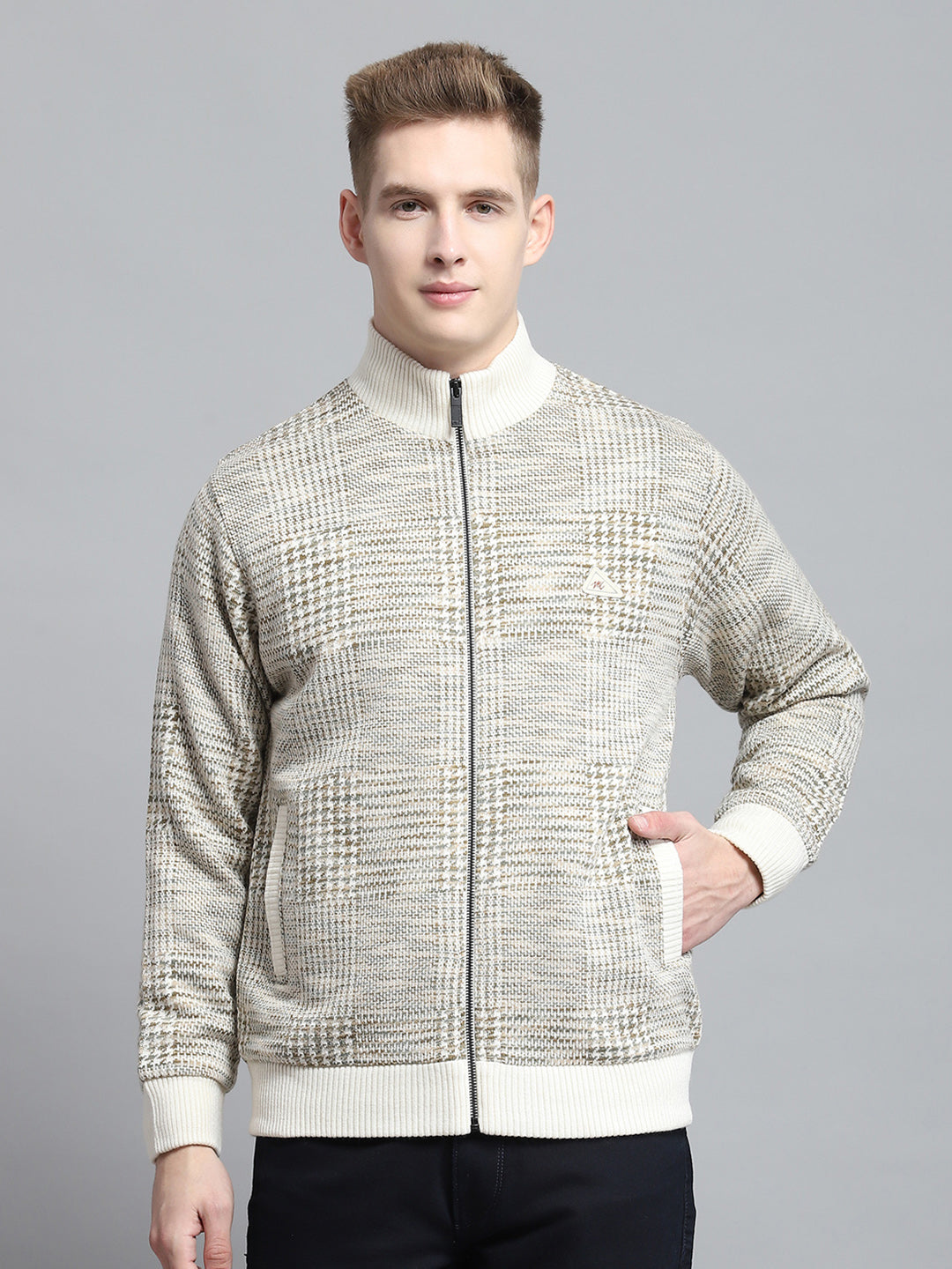 Men Beige Self Design Mock Neck Full Sleeve Jacket