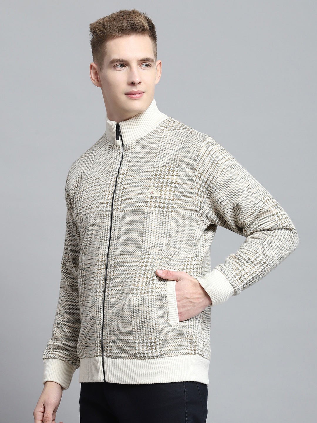 Men Beige Self Design Mock Neck Full Sleeve Jacket