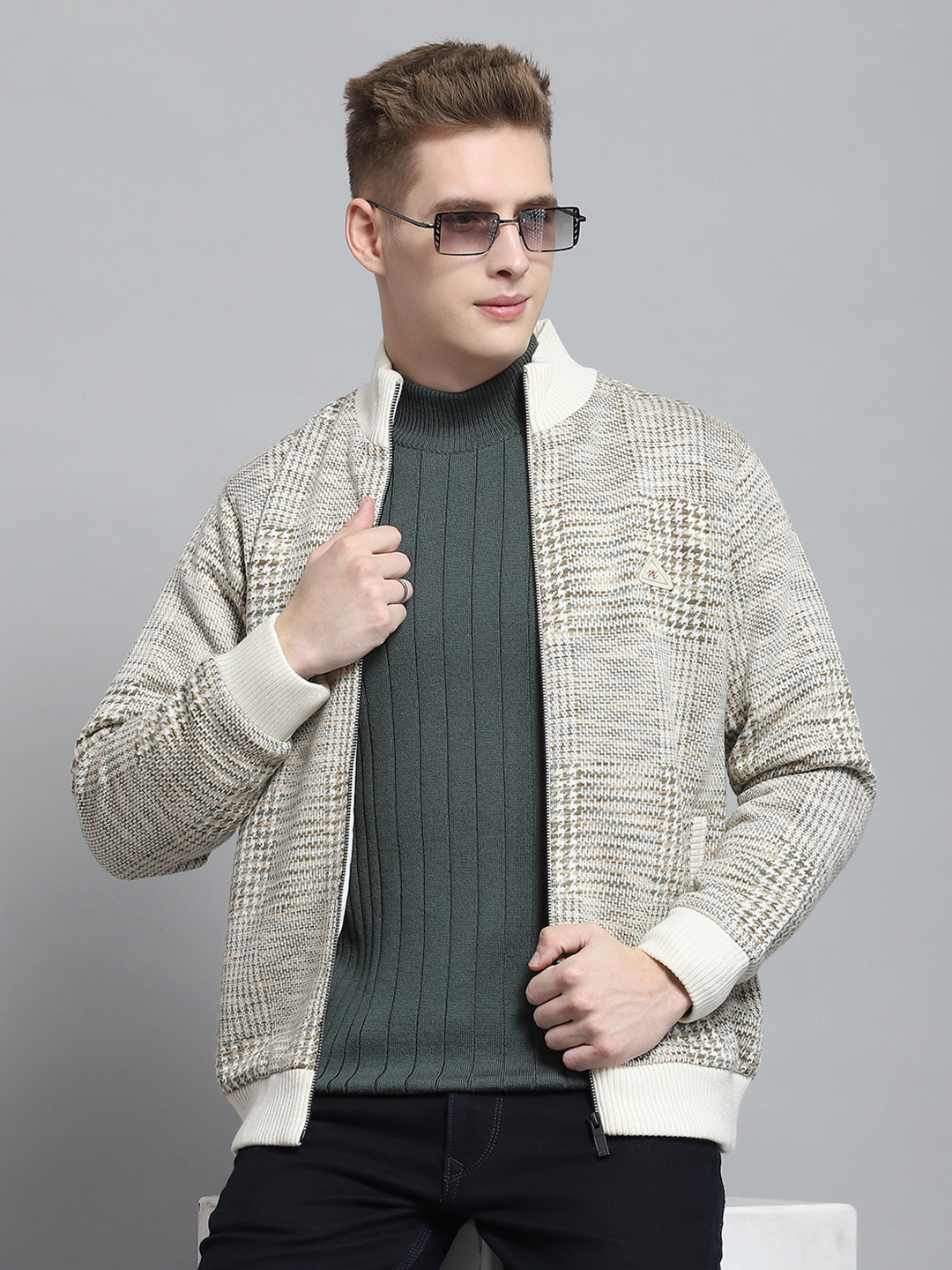Men Beige Self Design Mock Neck Full Sleeve Jacket