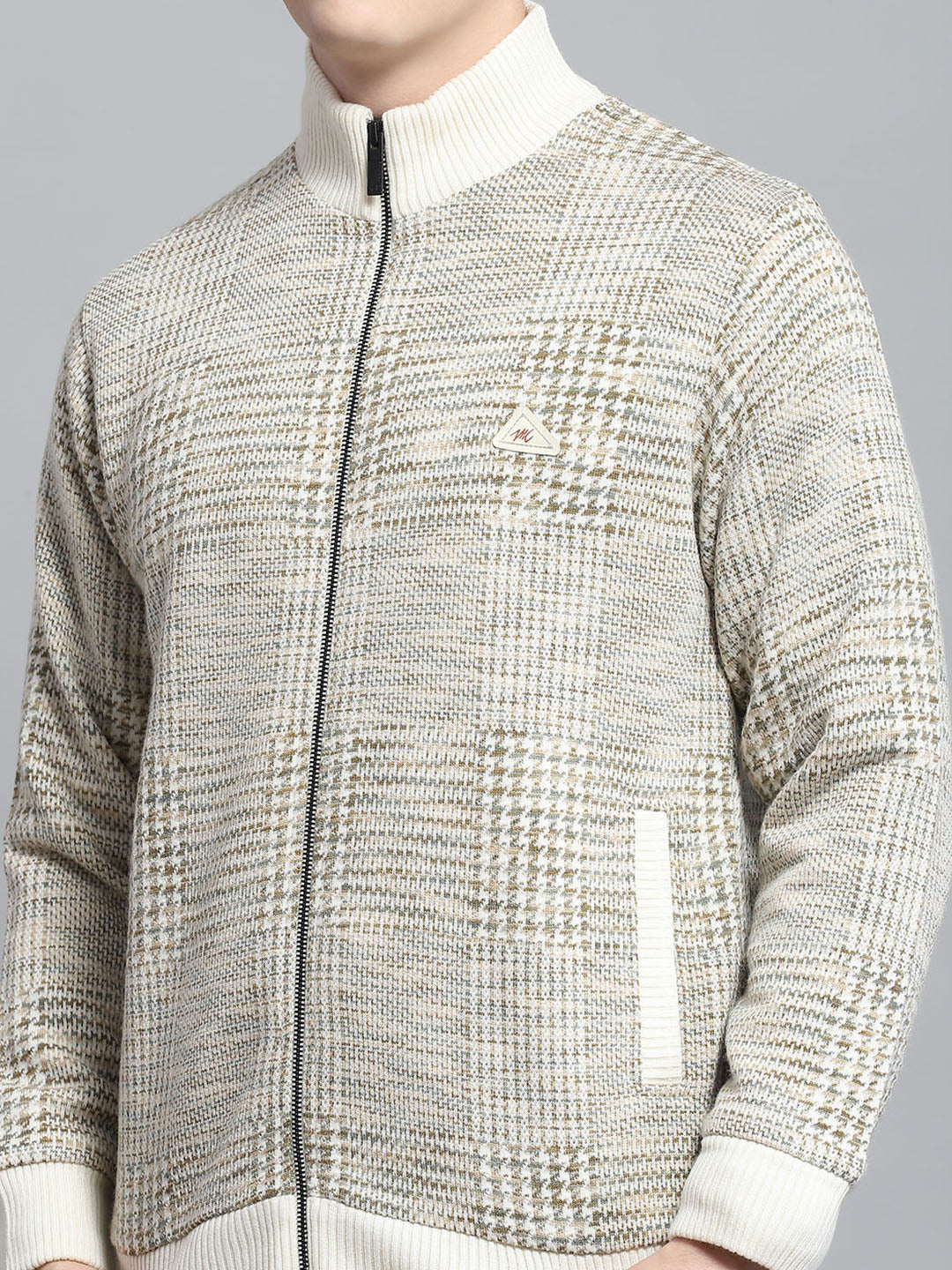 Men Beige Self Design Mock Neck Full Sleeve Jacket