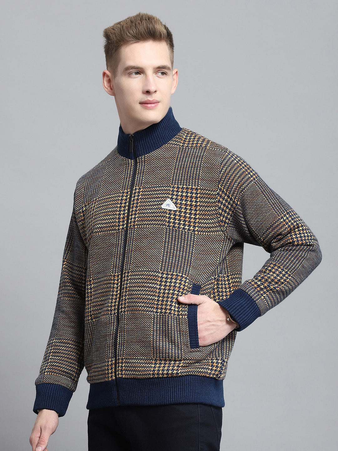Men Blue Self Design Mock Neck Full Sleeve Jacket