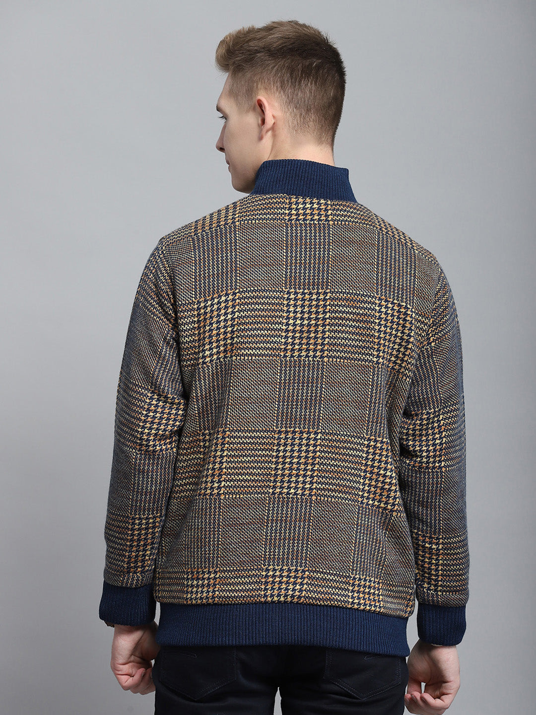 Men Blue Self Design Mock Neck Full Sleeve Jacket