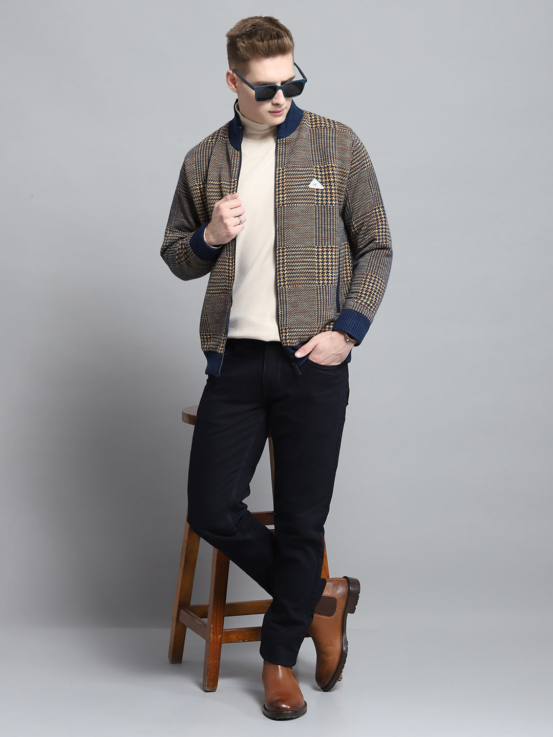 Men Blue Self Design Mock Neck Full Sleeve Jacket