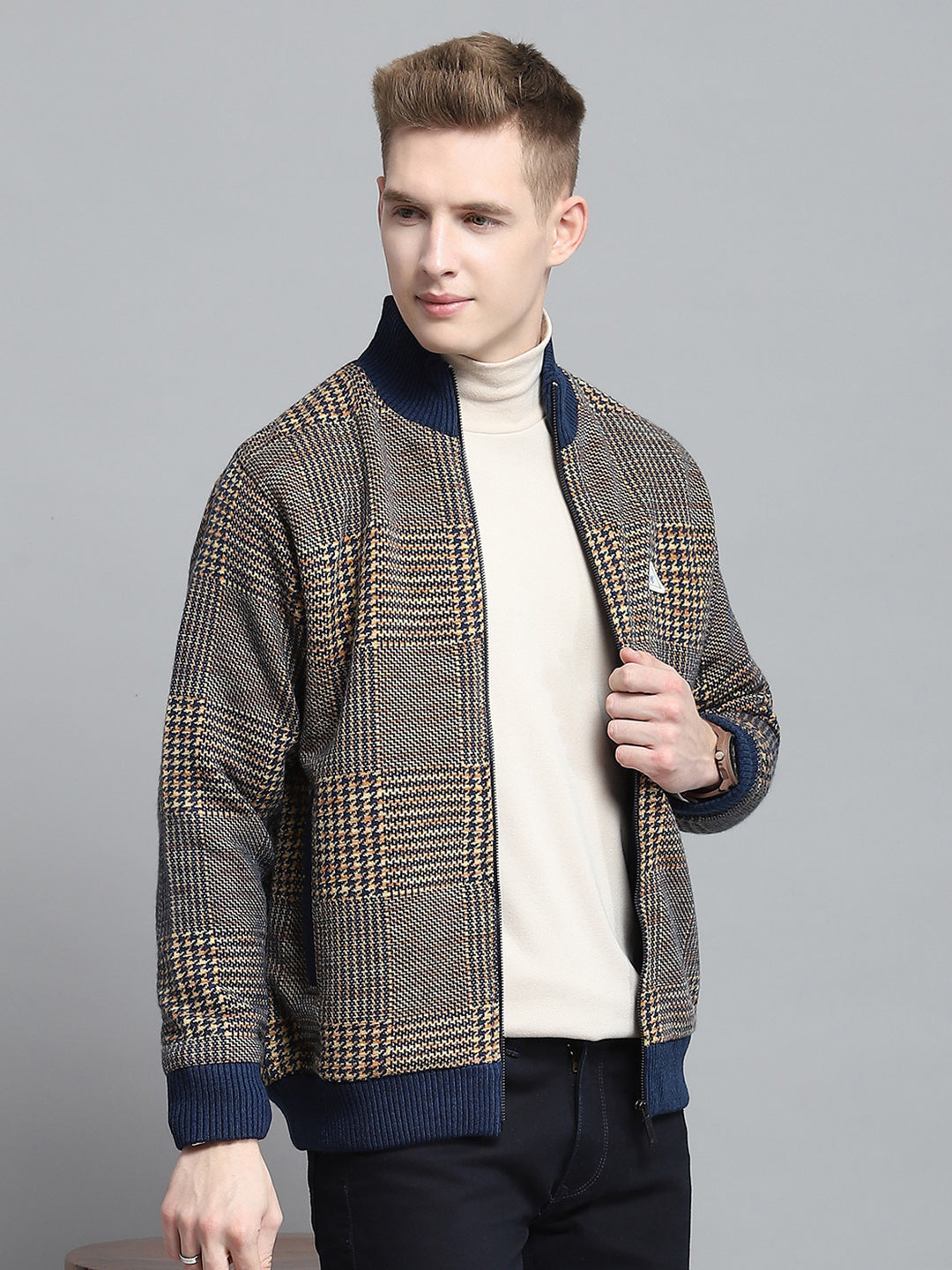 Men Blue Self Design Mock Neck Full Sleeve Jacket