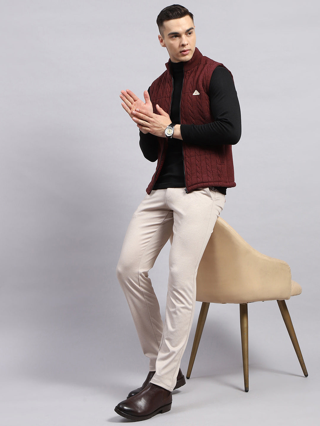 Men Maroon Self Design Mock Neck Sleeveless Jacket