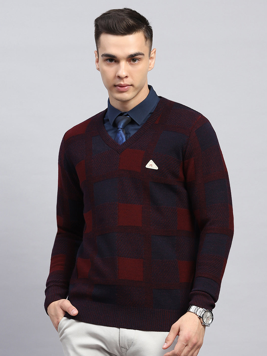 Men Maroon Check V Neck Full Sleeve Pullover