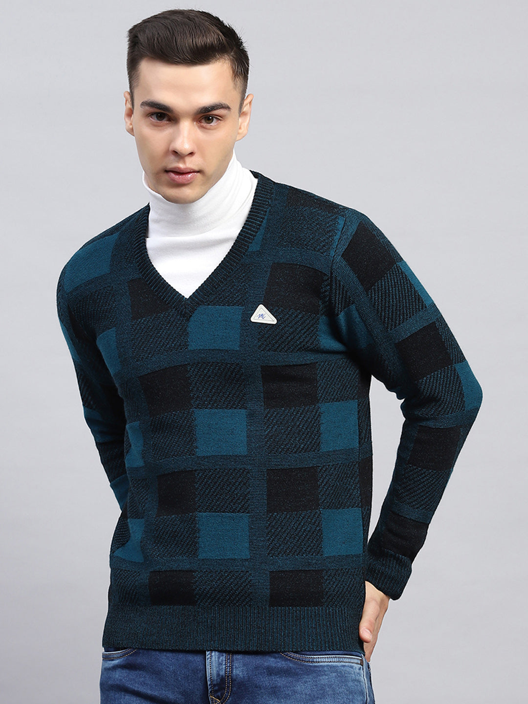Buy Men Blue Check V Neck Full Sleeve Pullover Online in India