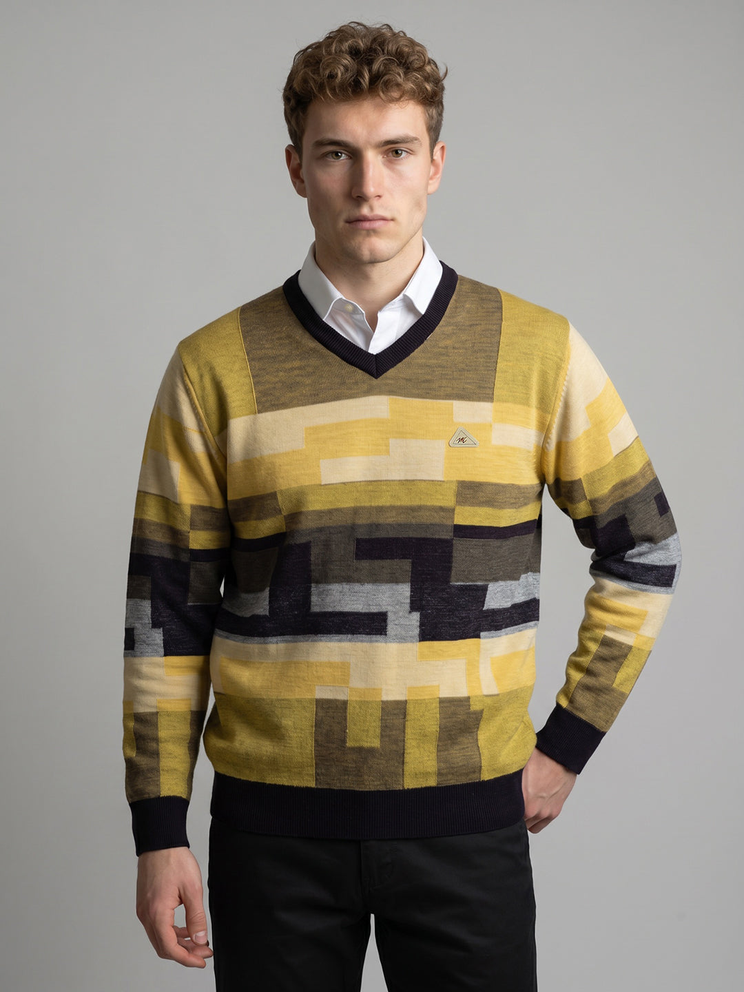 Men Navy Blue Self Design V Neck Full Sleeve Pullover