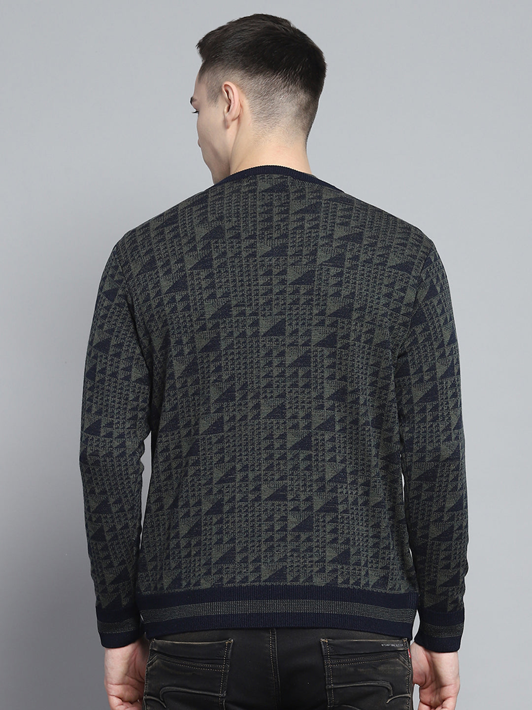 Men Navy Blue Self Design V Neck Full Sleeve Pullover