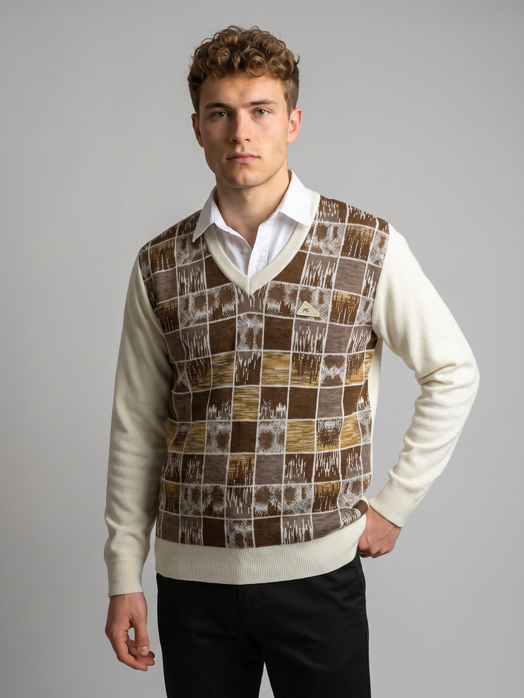 Men White Check V Neck Full Sleeve Pullover