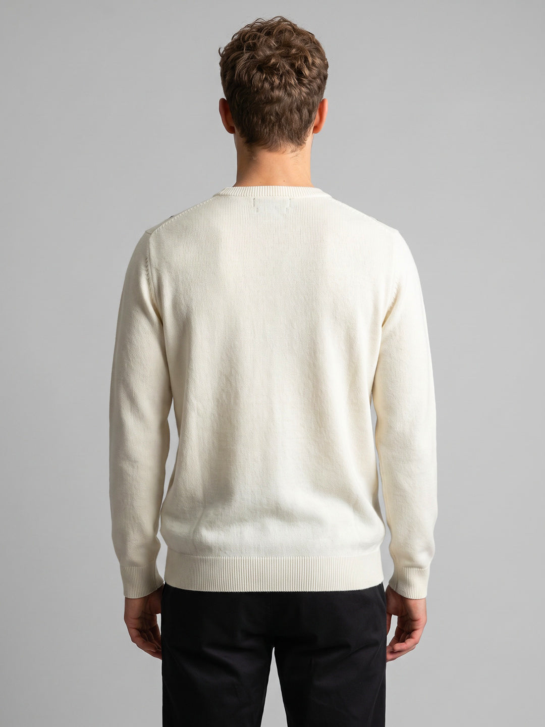 Men White Check V Neck Full Sleeve Pullover