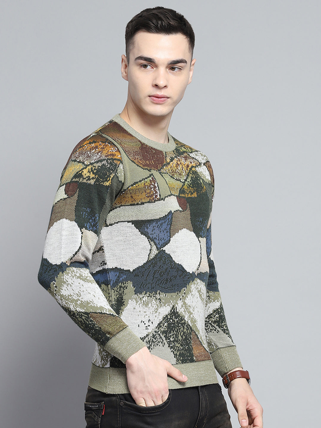 Men Green Self Design Round Neck Full Sleeve Pullover