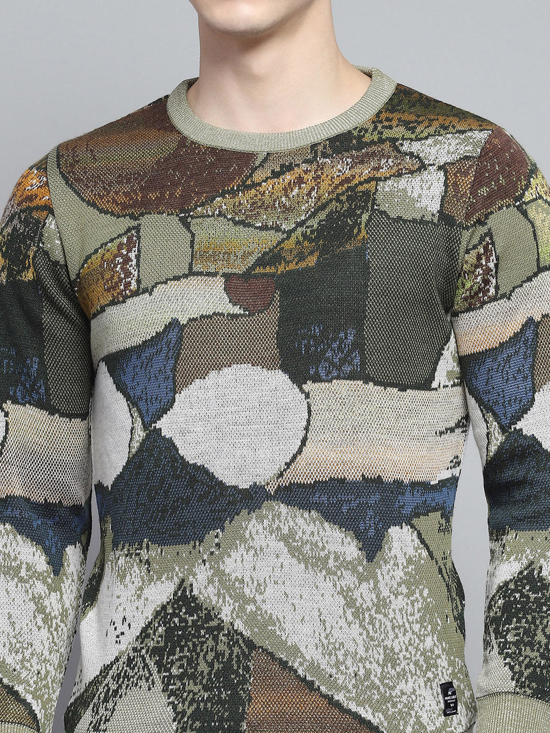 Men Green Self Design Round Neck Full Sleeve Pullover