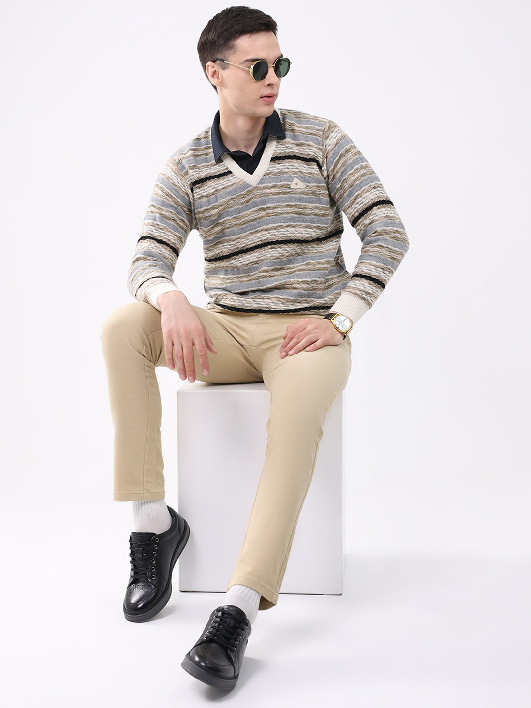 Men White Abstract V Neck Full Sleeve Pullover