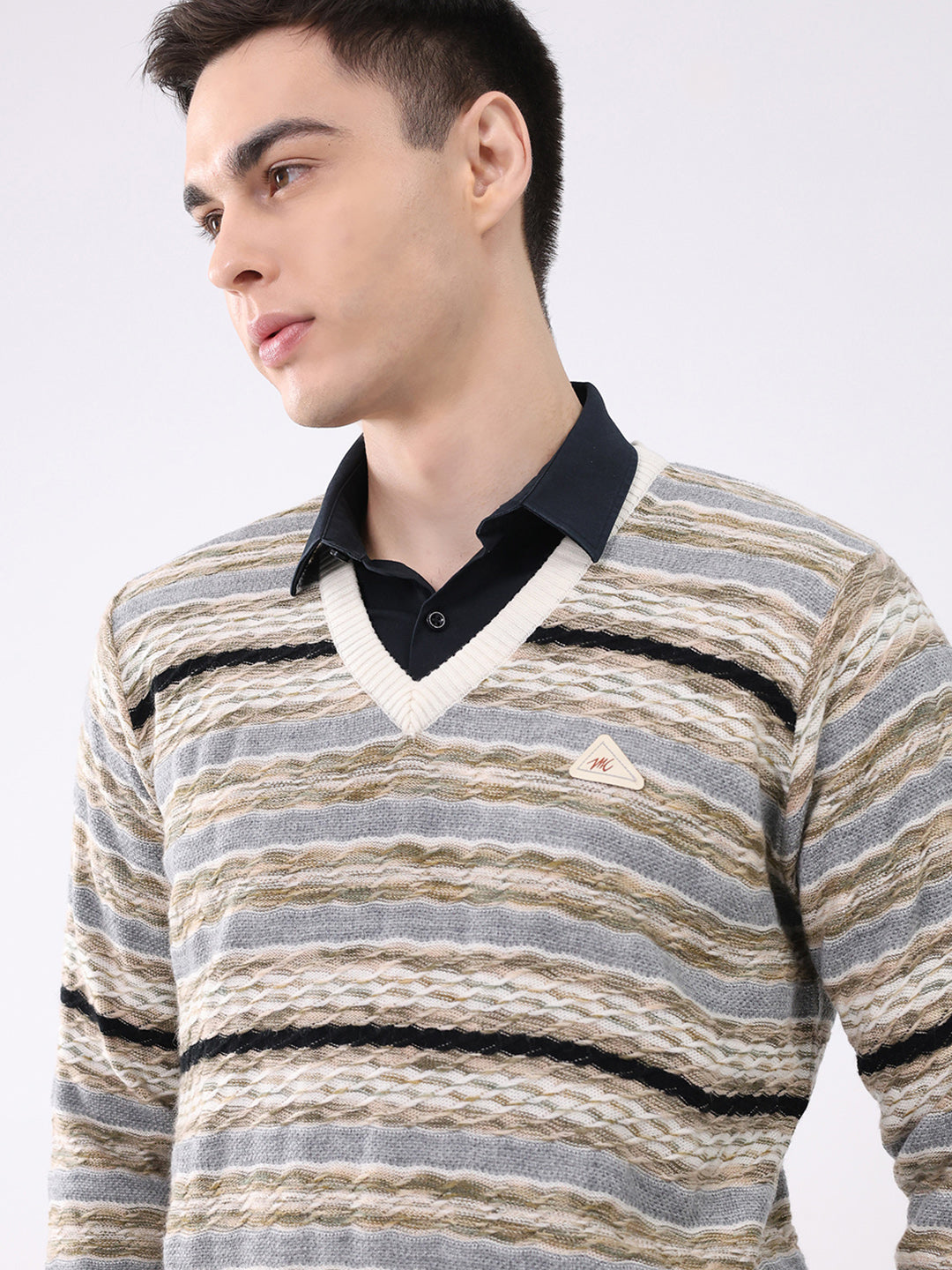 Men White Abstract V Neck Full Sleeve Pullover