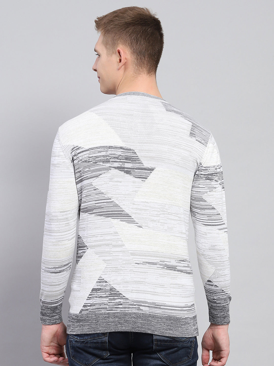 Men Light Grey Jacquard V Neck Full Sleeve Pullover