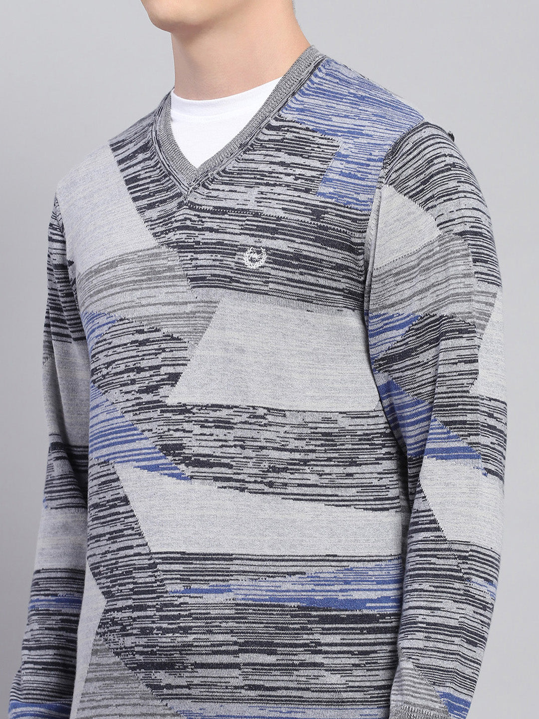Men Grey Jacquard V Neck Full Sleeve Pullover