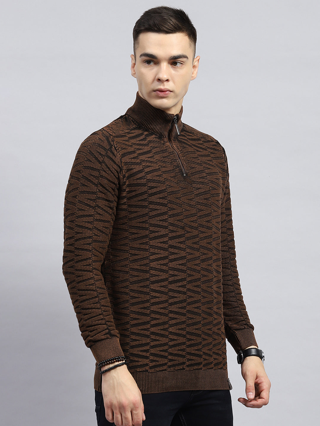 Men Brown Self Design High Neck Full Sleeve Pullover