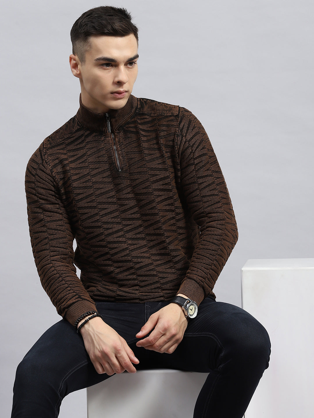Men Brown Self Design High Neck Full Sleeve Pullover