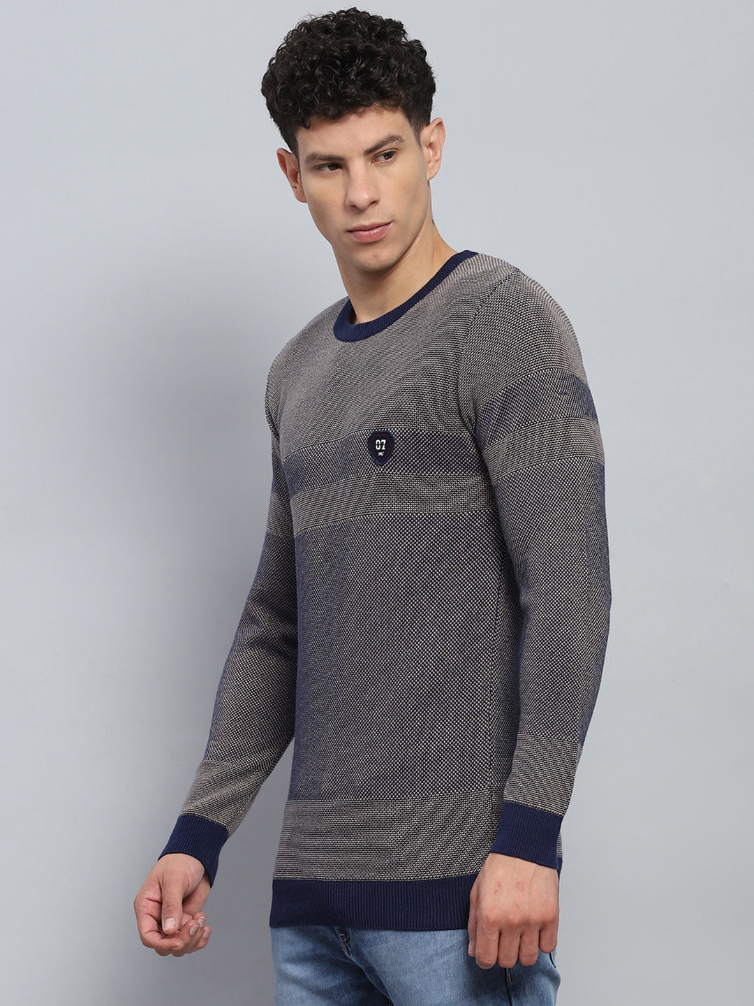 Men Blue Self Design Round Neck Full Sleeve Pullover