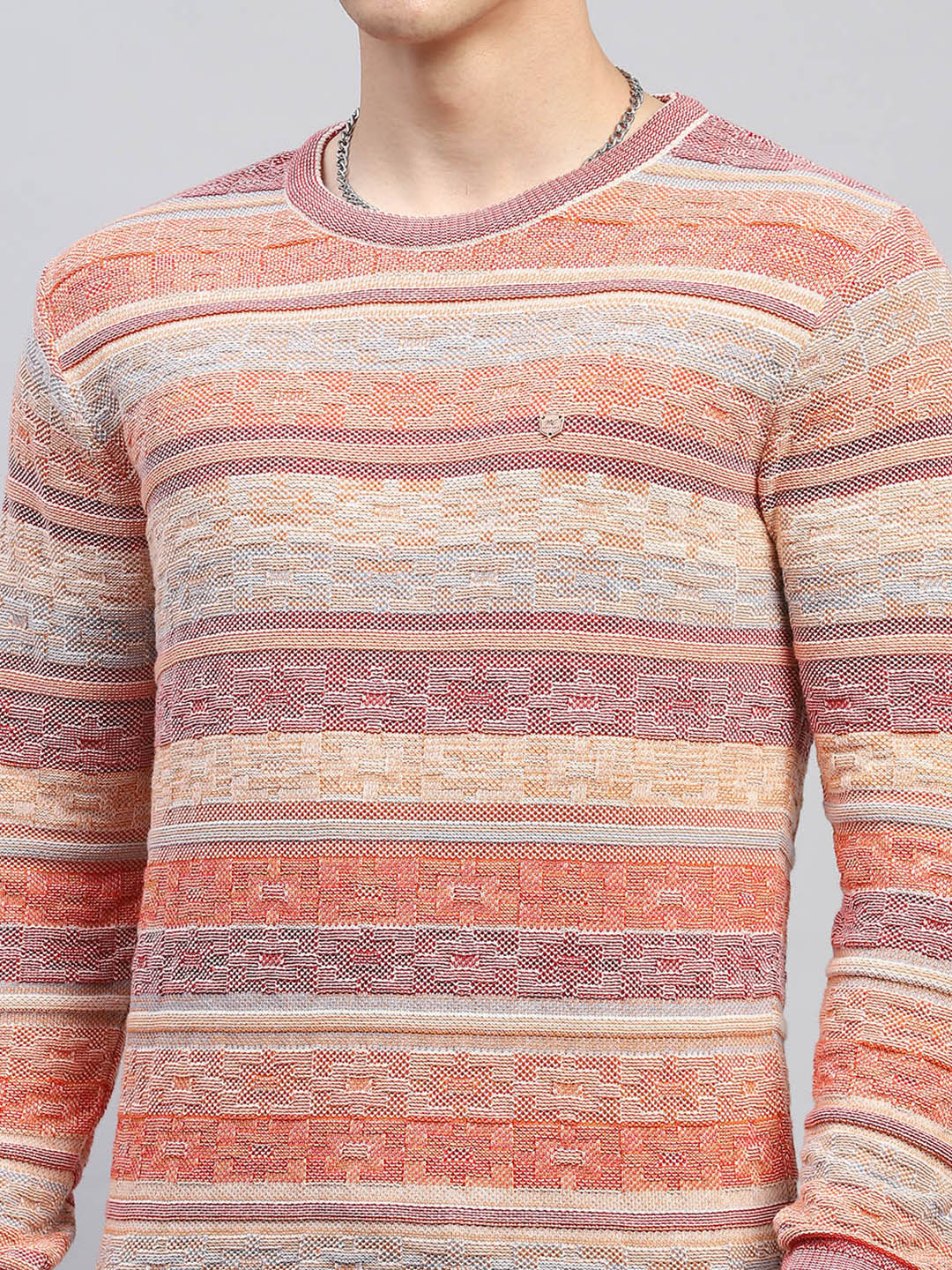 Men Pink Stripe Round Neck Full Sleeve Pullover